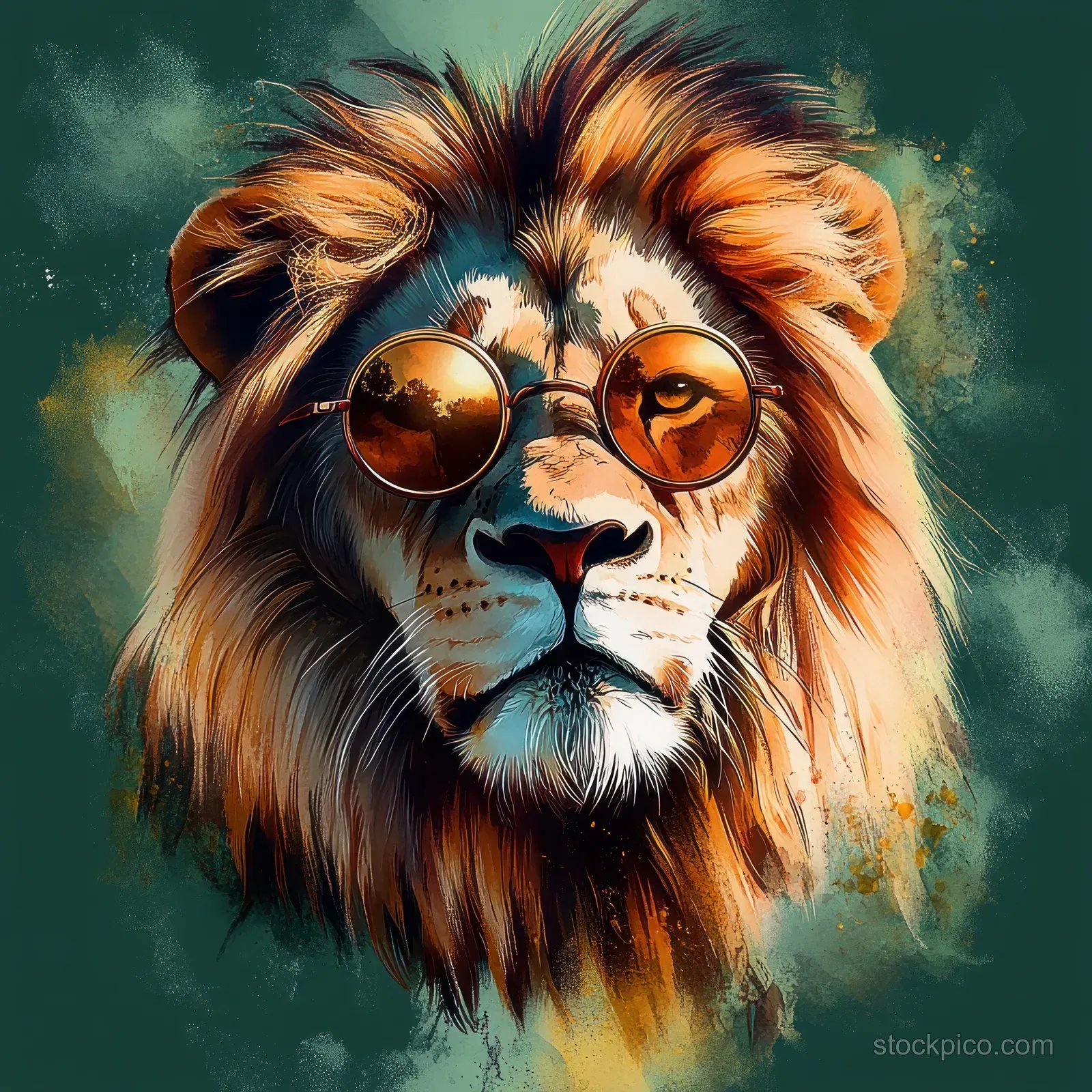 A lion portrait with round sunglasses and a golden mane on a muted green watercolor background.