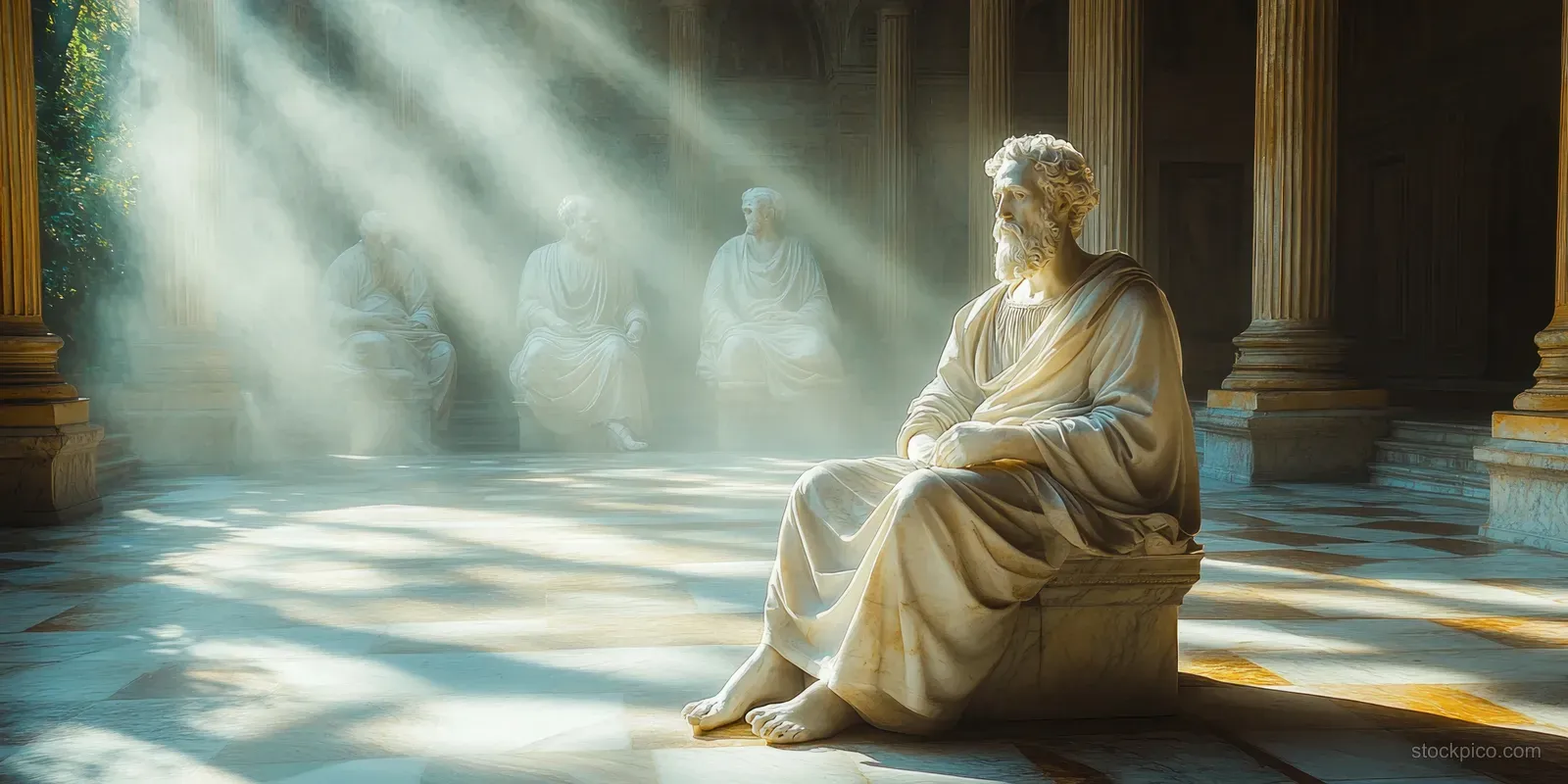 A marble Greek philosopher statue sits reading a book in a sunlit agora courtyard with light beams and columns.