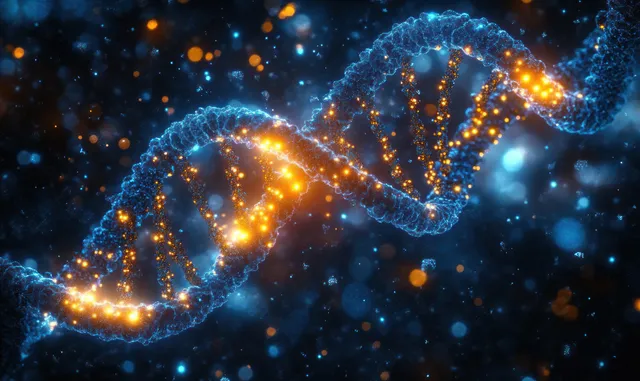 Glowing 3D DNA double helix with orange and blue particles floating in dark space background.