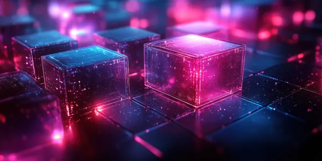 Neon geometric cubes hover in a dark digital space, glowing with magenta blue light