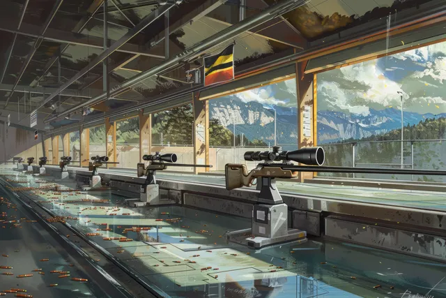 Prone rifle shooting lanes inside an indoor range with targets downrange and a German flag visible.
