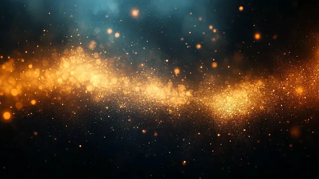 Golden glowing dust particles drifting across dark space with faint blue spark highlights