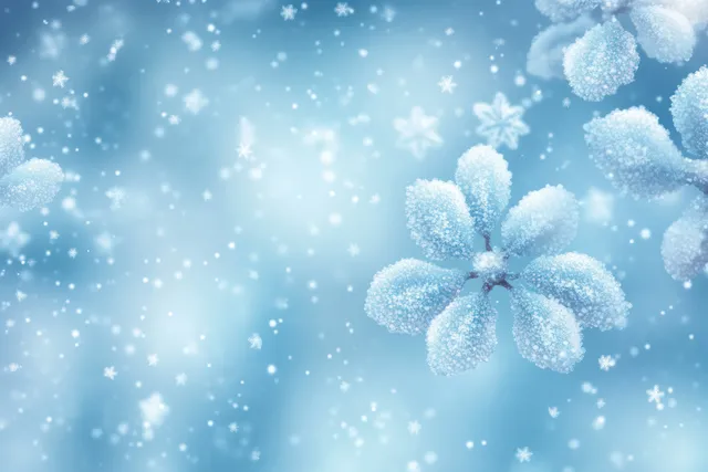 Pastel blue winter background filled with softly blurred falling snowflakes and a large glittering snowflake in the foreground.