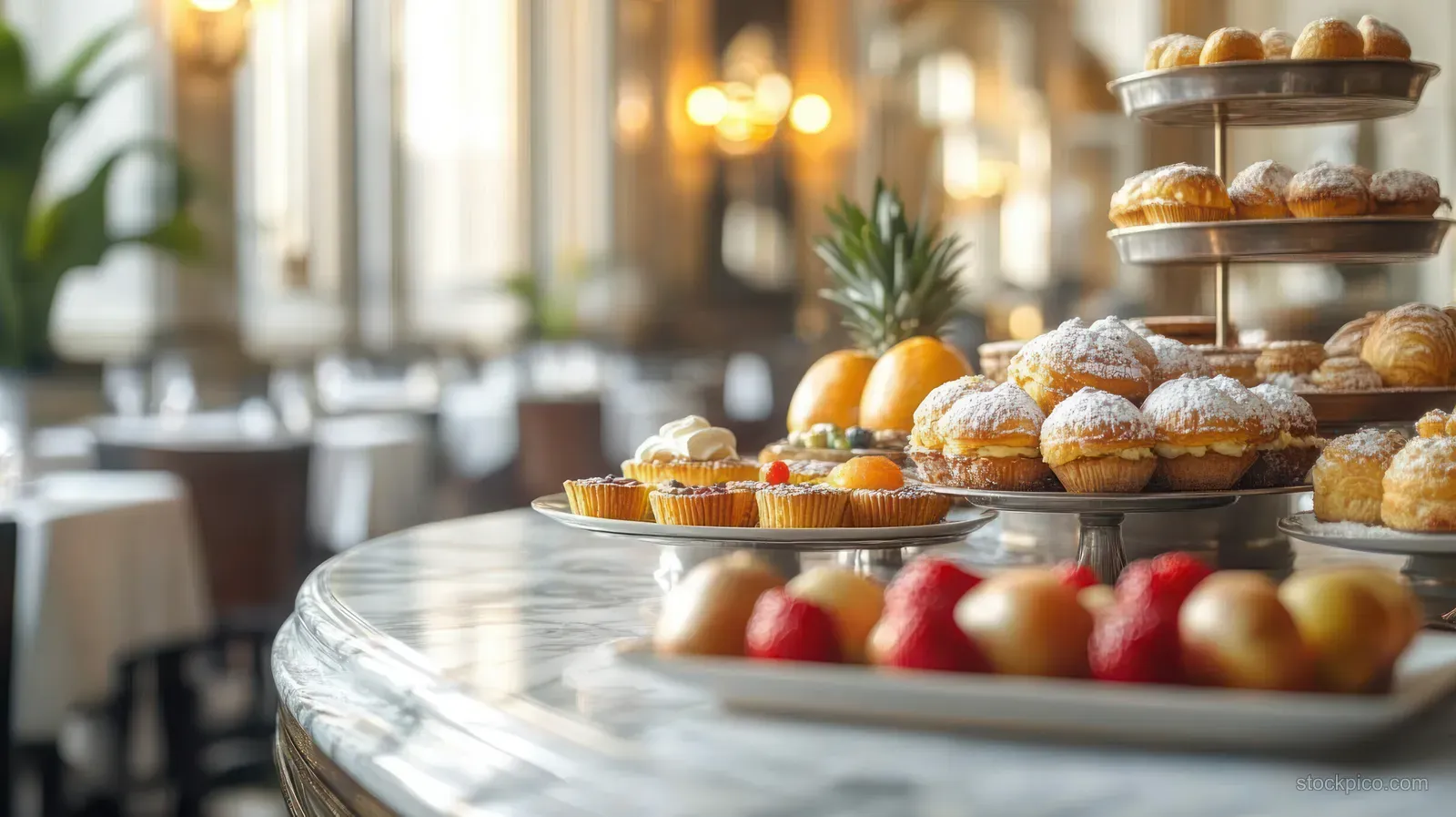 Layered pastry stands and assorted cakes with fruit on a marble table in a softly lit cafe.