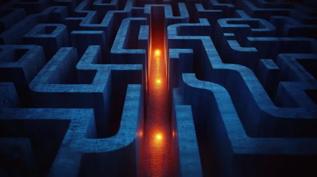 Orange glowing light path running through dark blue maze corridors toward a narrowing route.