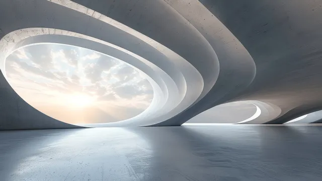 Empty concrete floor in a futuristic hall with curved circular ceiling openings glowing with sunlight.