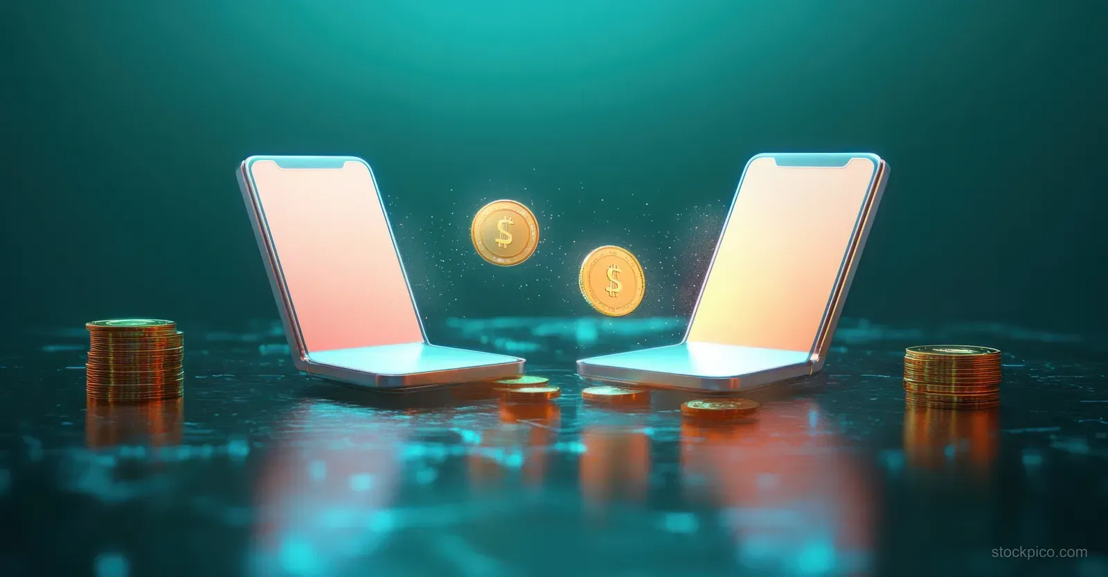 Two glowing smartphones with floating golden coins between them on a dark reflective desk.