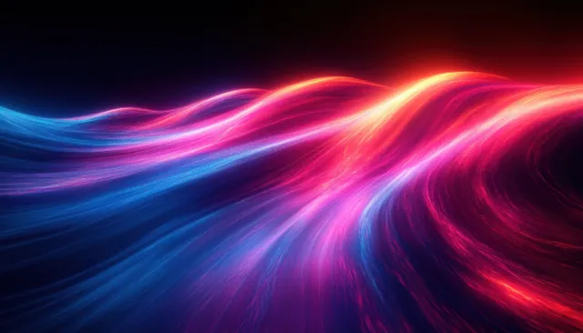 Swirling blue and pink neon light trails sweep across a dark abstract background like a glowing waveform.