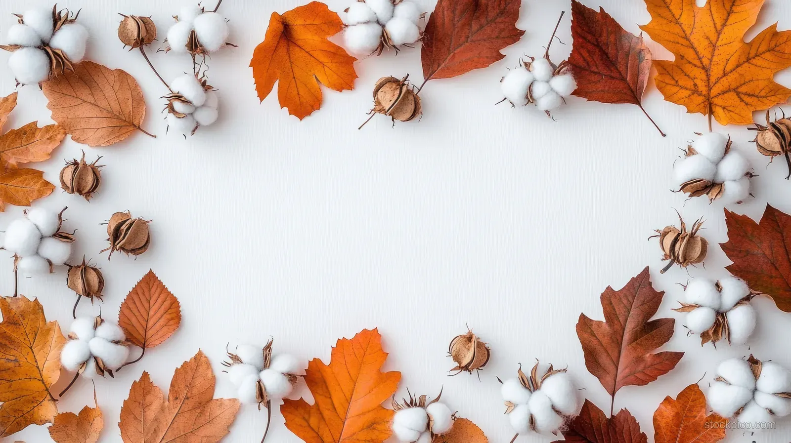 Orange autumn leaves and white cotton bolls arranged around the edges in a circular frame on a soft white background.