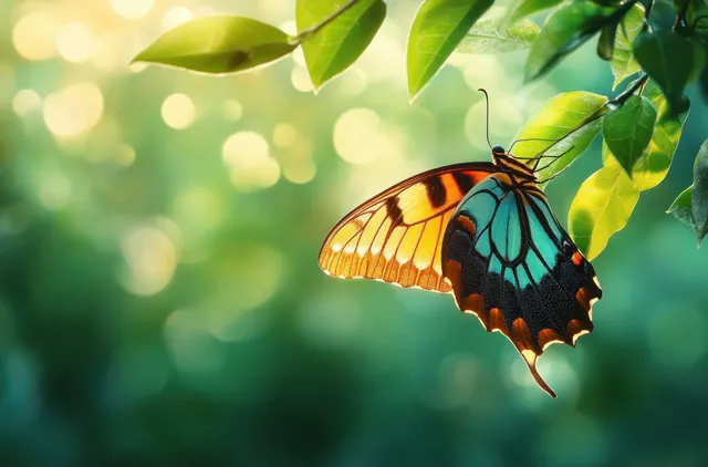 A colorful butterfly rests on green leaves against a softly blurred green and yellow bokeh background.