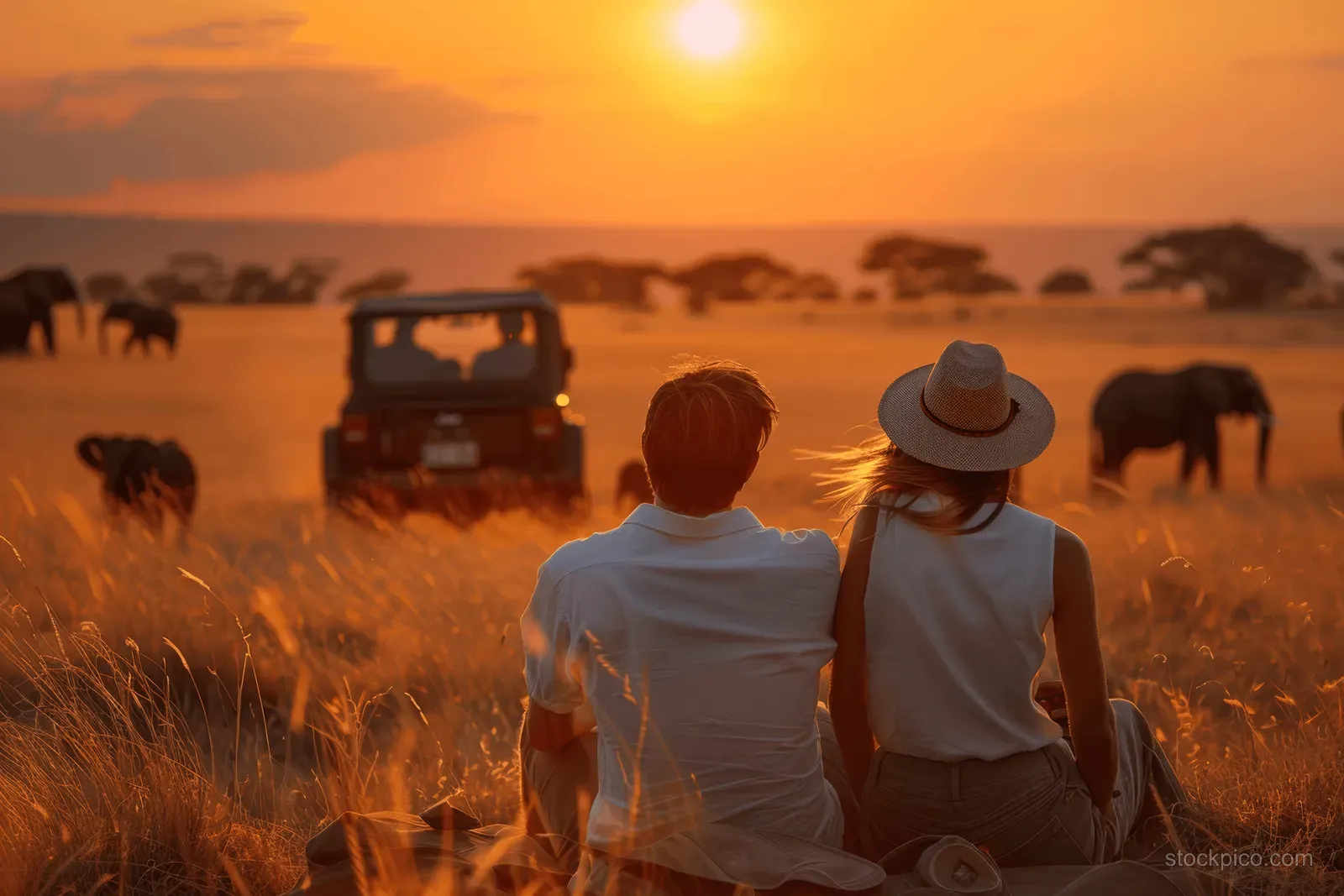 A couple in hats sits in tall grass on safari while an open jeep and distant animals appear at sunset.
