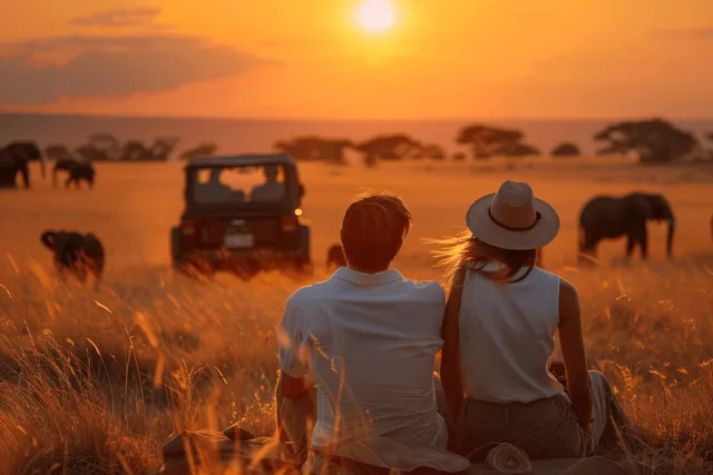 A couple in hats sits in tall grass on safari while an open jeep and distant animals appear at sunset.