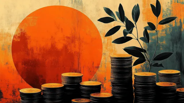 Stacked coins and a sprouting plant appear in an abstract collage with bold orange shapes.