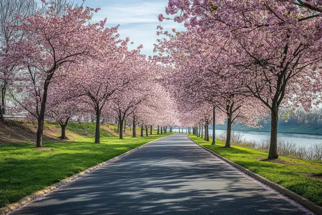 Cherry blossom trees line a sunny riverside path with pink petals, green grass, and soft shadows.