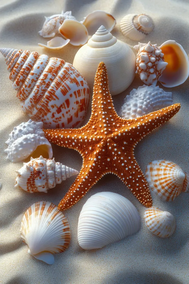 Orange starfish surrounded by seashells on soft, rippled beach sand in warm natural light.