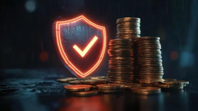 Stacks of golden coins and a glowing shield with a checkmark stand on a dark rainy floor.