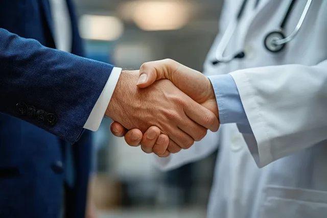 A handshake between a pharmaceutical representative and a doctor in a hospital hallway with a stethoscope visible.