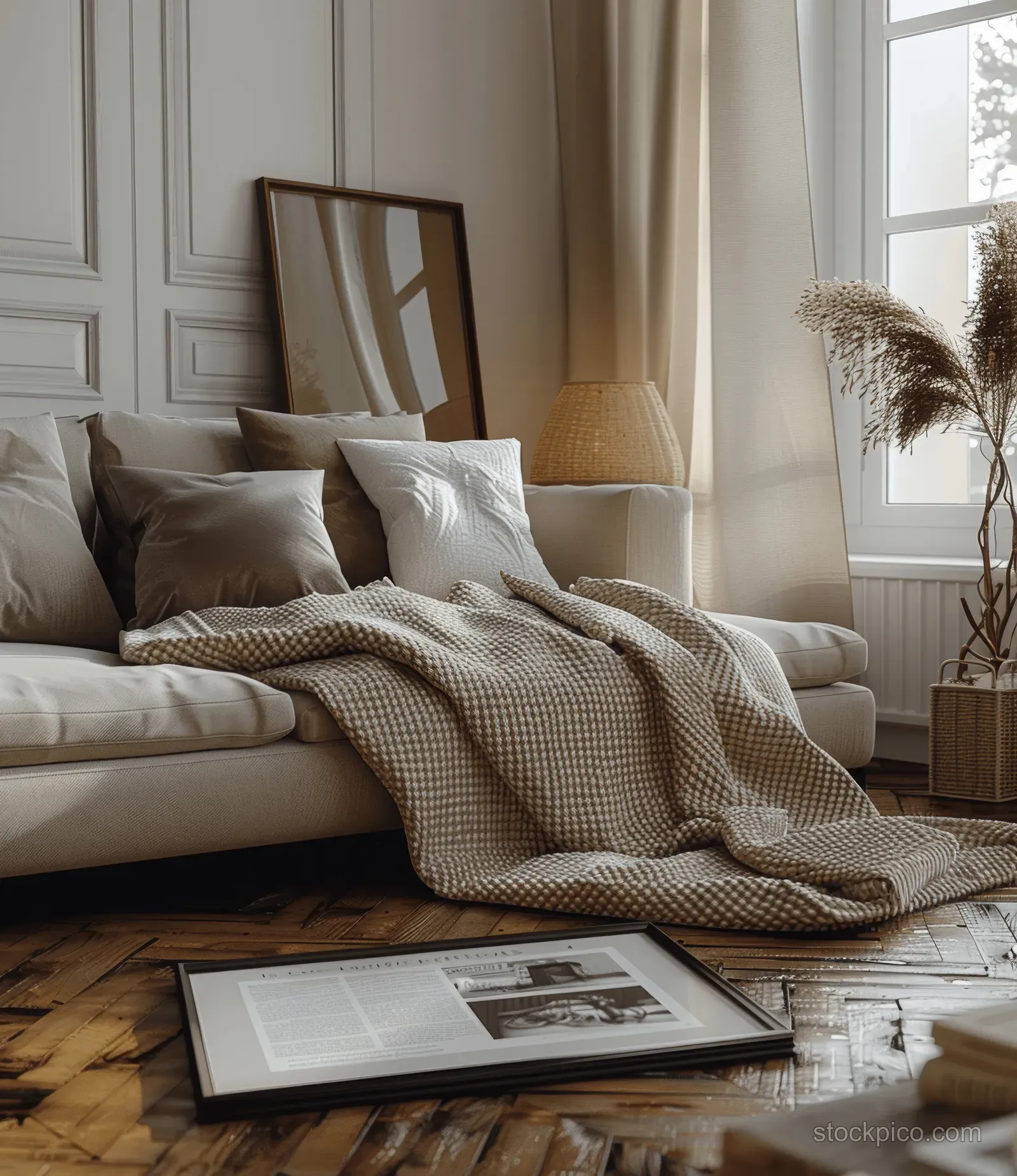 Blank A4 frame mockup lies on dark parquet flooring in a minimalist living room lit by soft daylight.