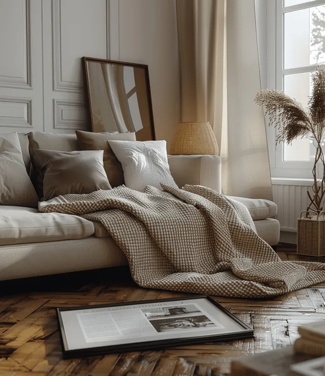 Blank A4 frame mockup lies on dark parquet flooring in a minimalist living room lit by soft daylight.
