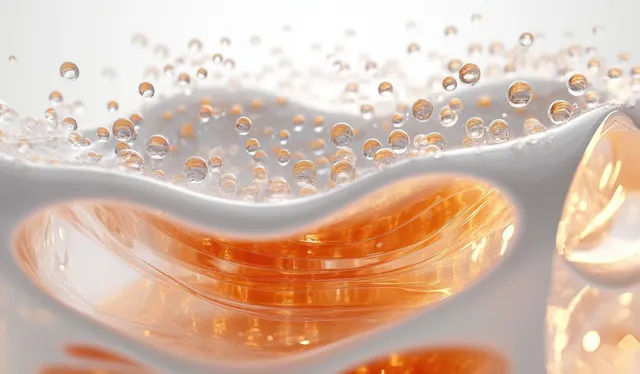 Amber serum droplets and bubbles hover over layered skin surface in a soft, glossy 3D macro scene.