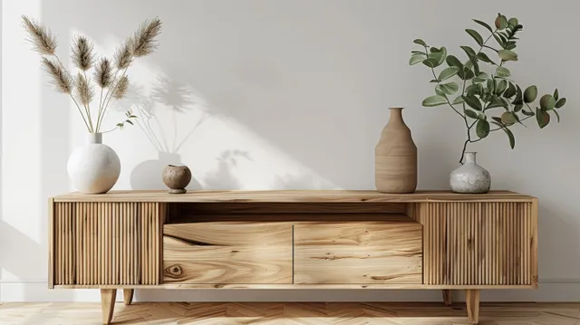 A light wood sideboard against a white wall displays two vases with eucalyptus and pampas stems.