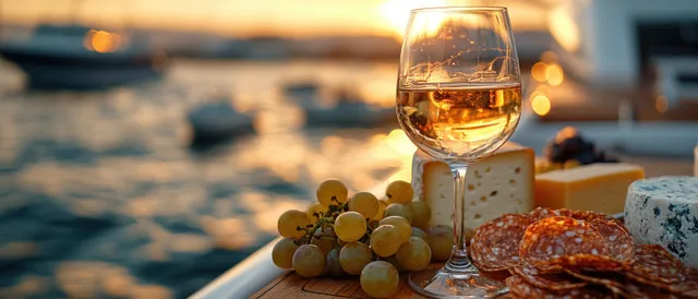 Sunset yacht deck table with white wine, grapes, and charcuterie beside the sea