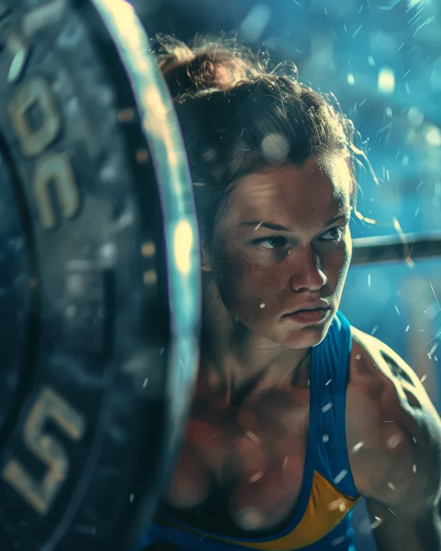 A determined Ukrainian weightlifter lifts a heavy barbell in a gym, with plates in the foreground and sweat on her face.
