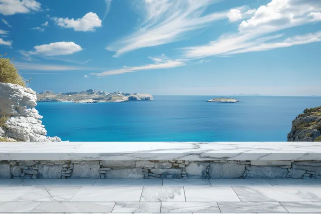 White marble terrace tabletop with a blurred view of the blue ocean and sky beyond a stone railing.
