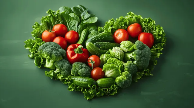 Heart-shaped arrangement of fresh vegetables on a green background.