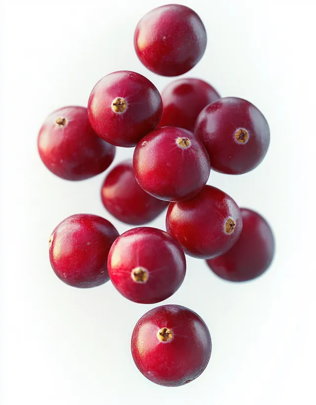 Fresh red cranberries floating on white background, macro view with glossy texture