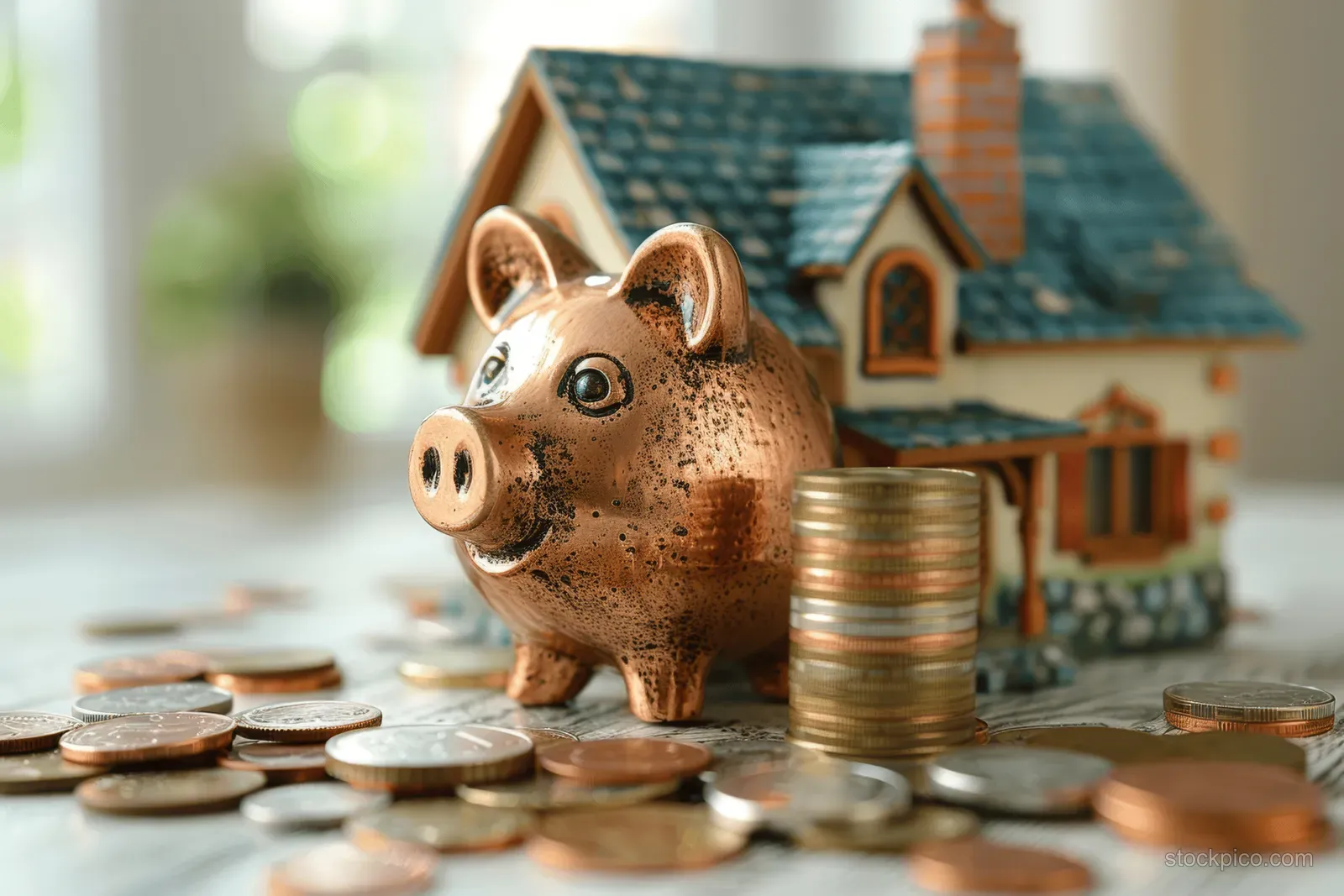 Piggy bank with stacks of coins next to a small house model on a desk for home savings.