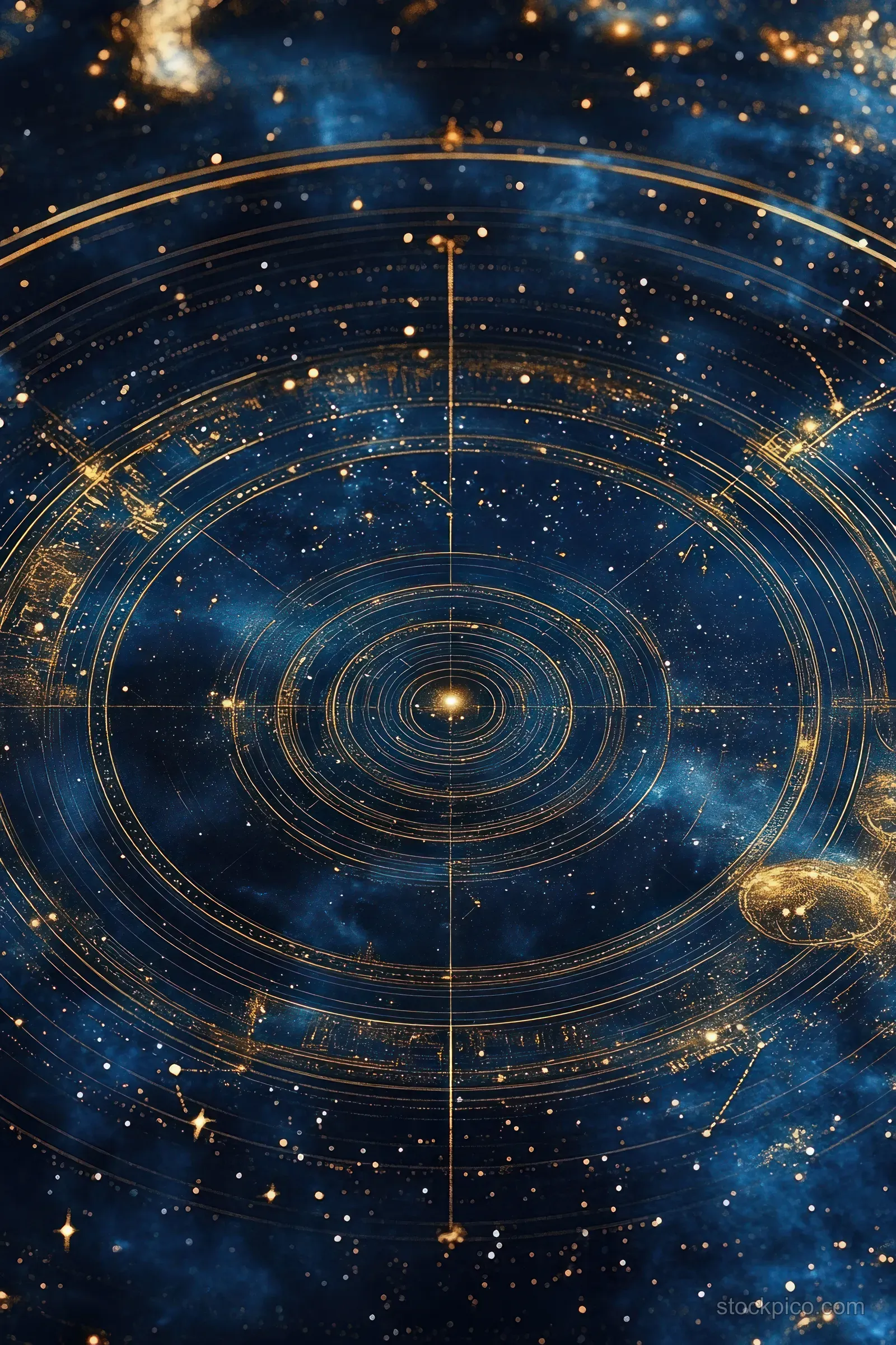 Golden celestial map with concentric rings and star constellations over a deep blue space background.