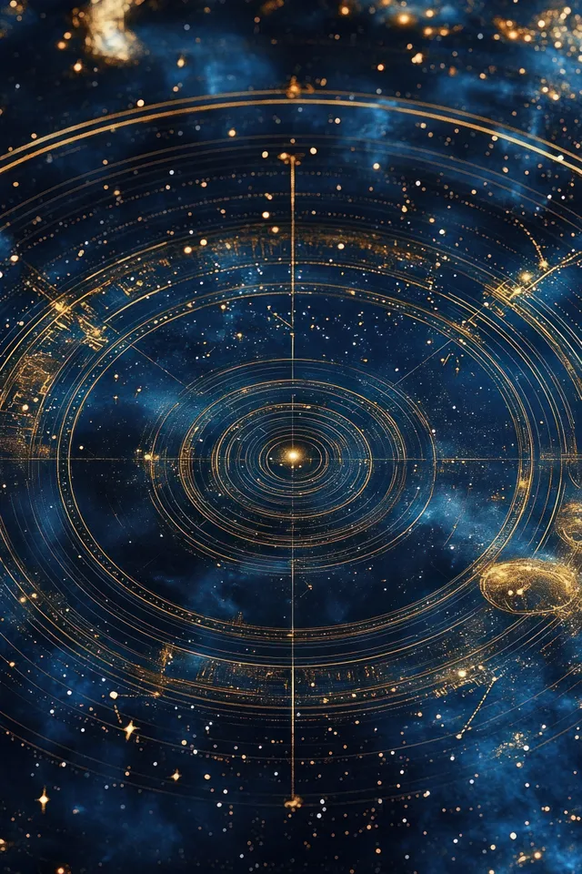 Golden celestial map with concentric rings and star constellations over a deep blue space background.