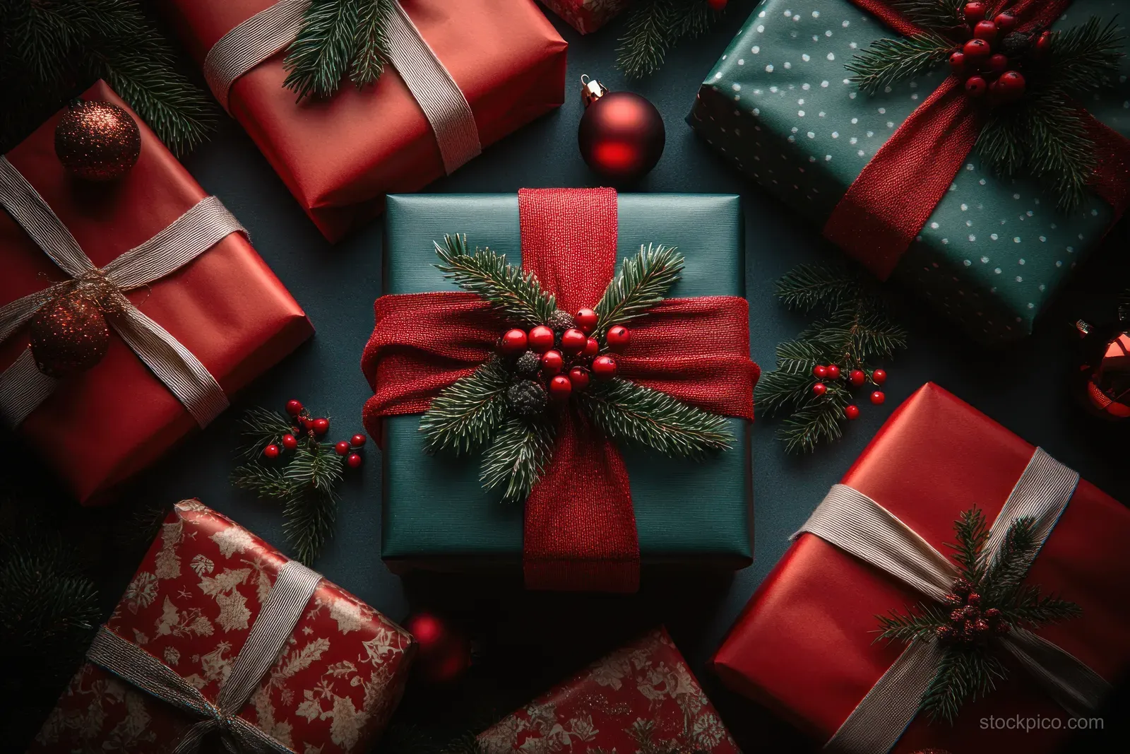 Red and green Christmas gifts with ribbon bows and evergreen sprigs arranged on a dark cozy background.