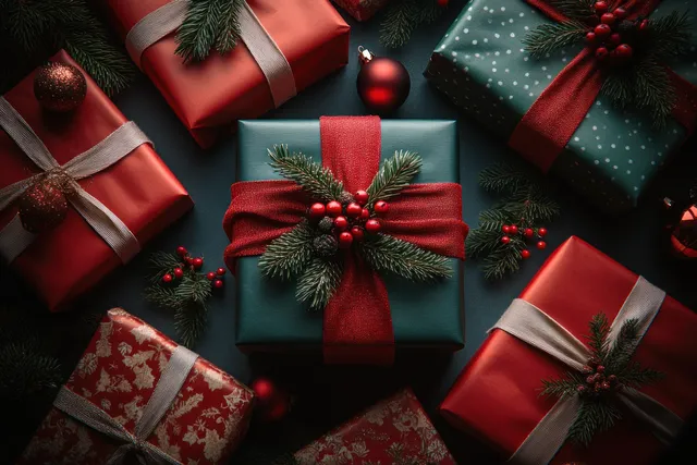 Red and green Christmas gifts with ribbon bows and evergreen sprigs arranged on a dark cozy background.