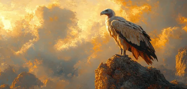 A vulture perched on a rocky cliff with swirling golden smoky clouds behind it.