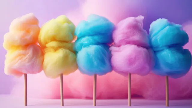 Five pastel cotton candy sticks stand upright against a soft purple-pink gradient background.