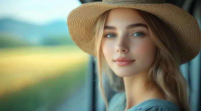 Woman in wide straw hat gazes at mountain countryside through train window