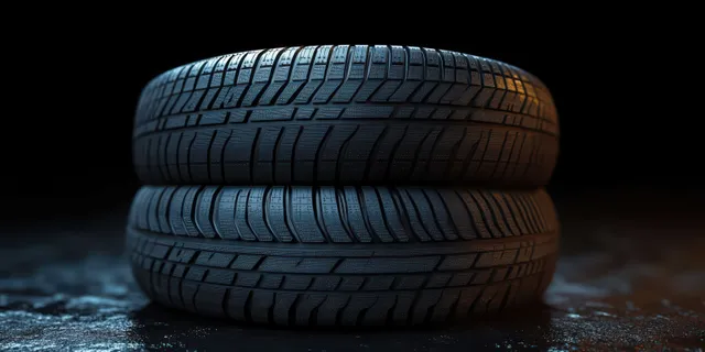 Minimalist stacked tires on black background, dramatic side lighting revealing tread texture detail