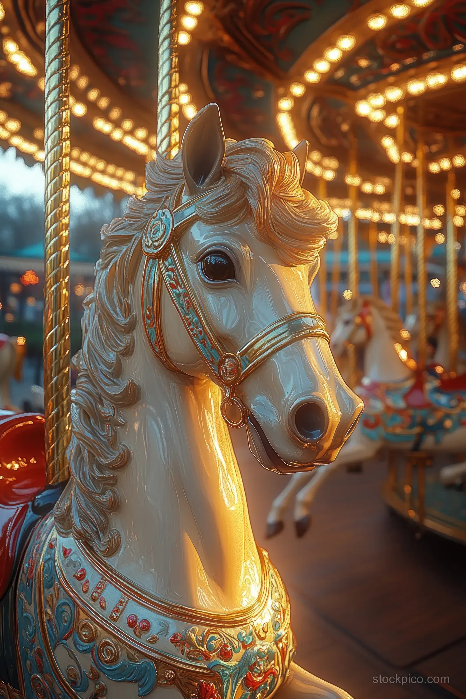 Golden carousel horse with ornate paint stands beside glowing holiday lights on an evening fairground.