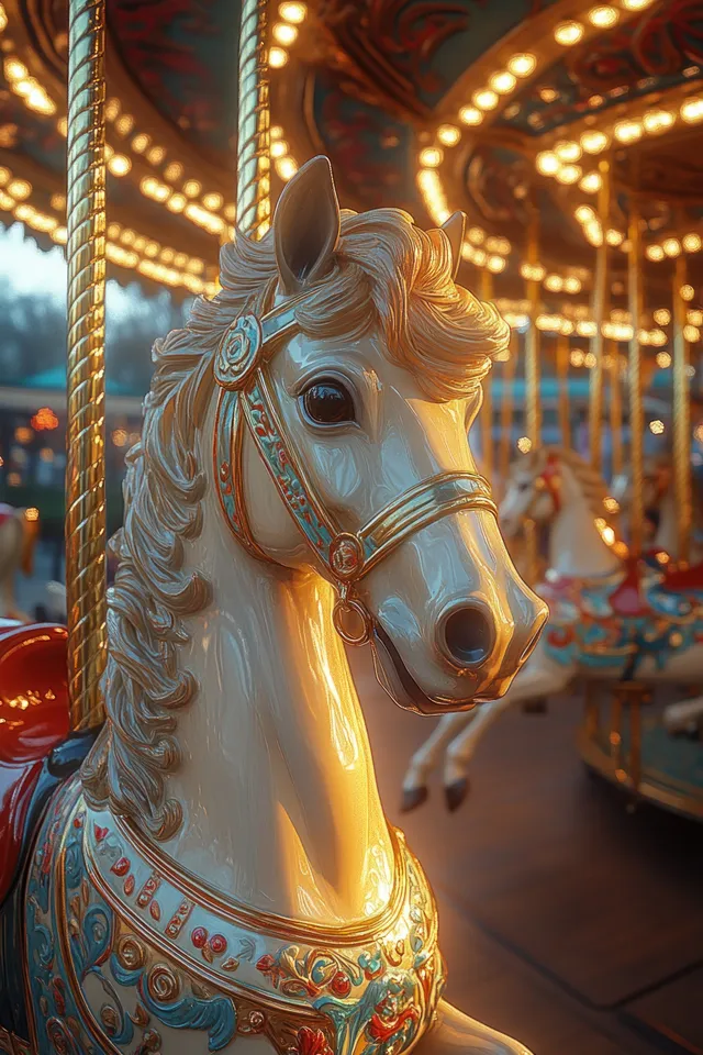 Golden carousel horse with ornate paint stands beside glowing holiday lights on an evening fairground.