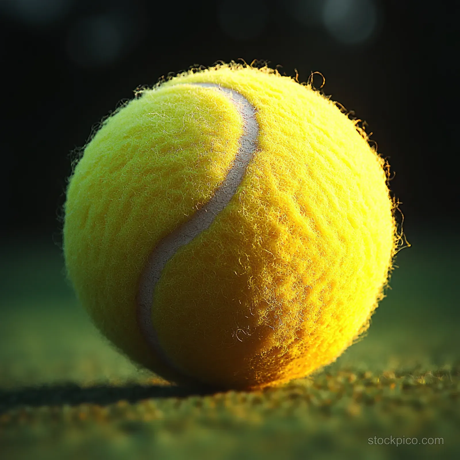 Yellow tennis ball with visible fuzzy fibers resting on grass under dark, dramatic lighting.