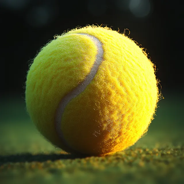 Yellow tennis ball with visible fuzzy fibers resting on grass under dark, dramatic lighting.