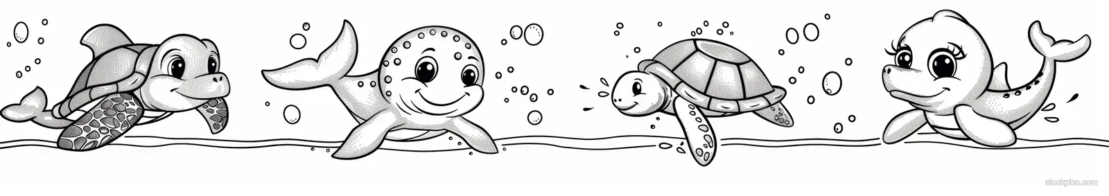 Black-and-white line drawing of multiple cute sea animals arranged for a kids coloring page with bubbles.