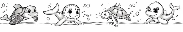 Kids sea animal coloring sheet with crab, dolphin, turtle, seahorse, and fish