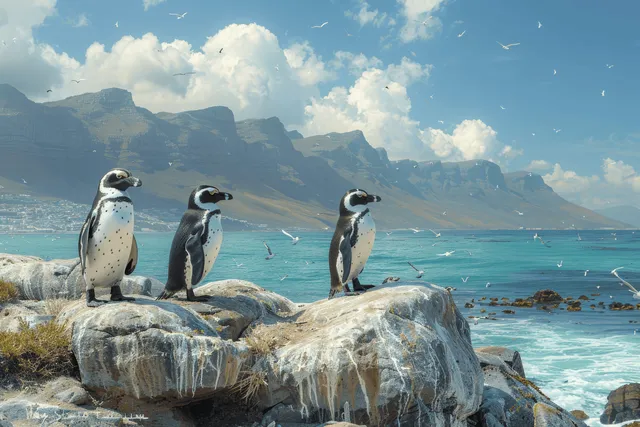 African penguins walking across boulders by the ocean with Cape Town mountains behind