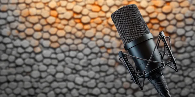 Black condenser microphone with shock mount in front of a warm blurred textured stone wall.