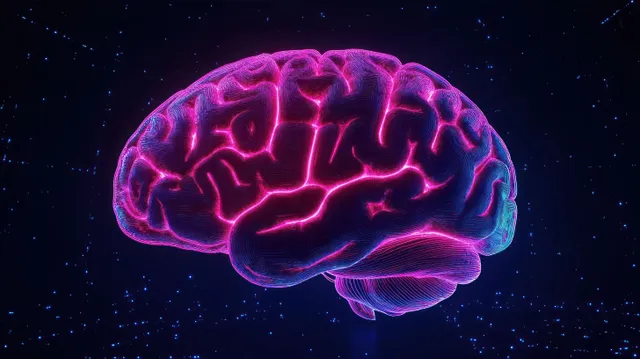 Neon pink and purple digital brain illustration glowing against a dark starry background.