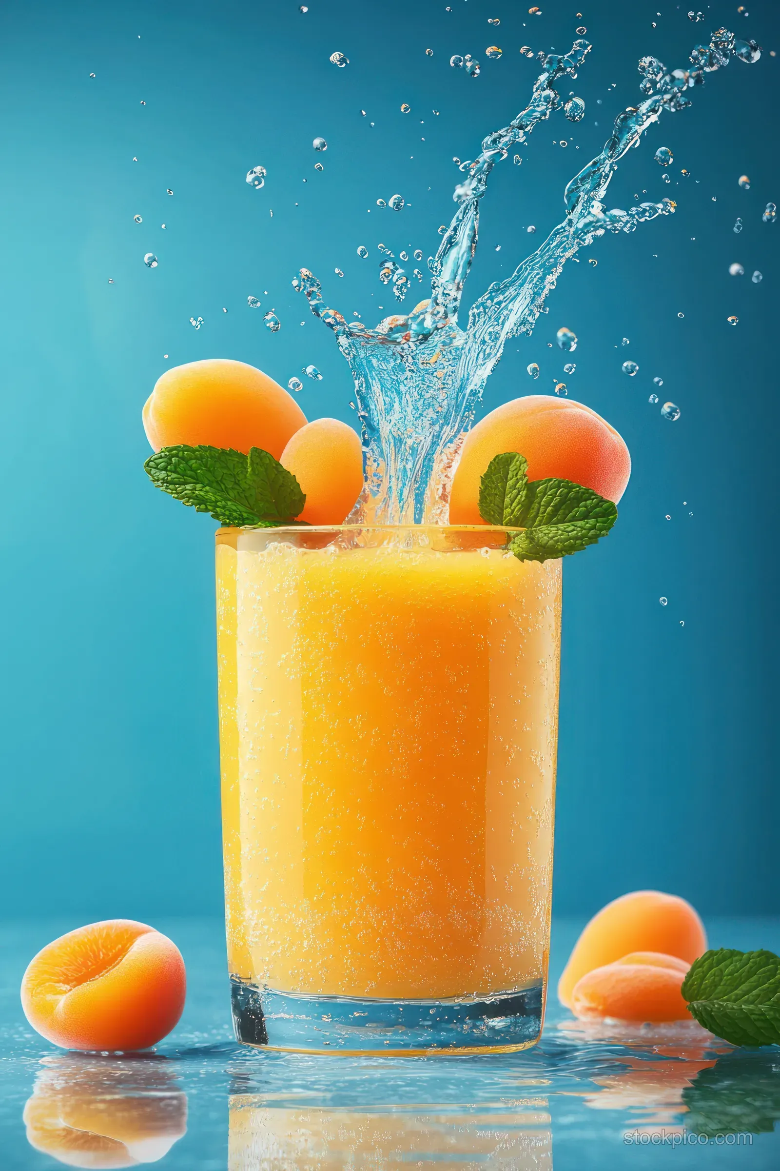 A glass of orange juice with apricot pieces and mint leaves with water splashes against a blue background.