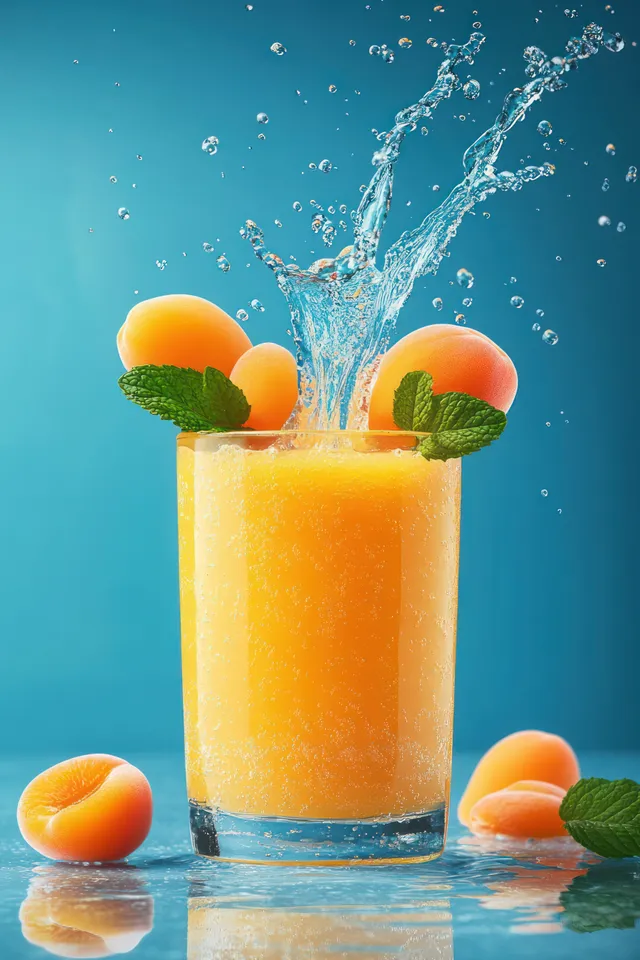 A glass of orange juice with apricot pieces and mint leaves with water splashes against a blue background.